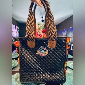 Consuela Quilted Black Tote with Floral Sides and Brown Braided Handles